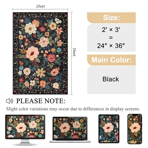 Image of DUKINO 2x3 Rugs for Entryway, Floral Indoor Washable Door Mat, Non Slip Boho Small Rug for Kitchen, Soft Low Pile, Front Door Throw Rug for Entrance, Bedroom, Kitchen, Laundry, Bathroom, Black