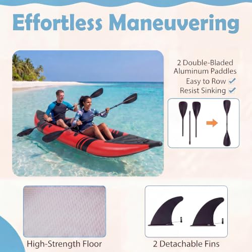 GYMAX Inflatable Kayak, 12.5Ft 507lbs Tandem Kayak with 2 Aluminum Paddles, 2 Padded Seats, Footrests, 2 Fins, Hand Pump, Carry Bag & Repair Kit, 2 Person Fishing Touring Kayak for Adults - Image 5