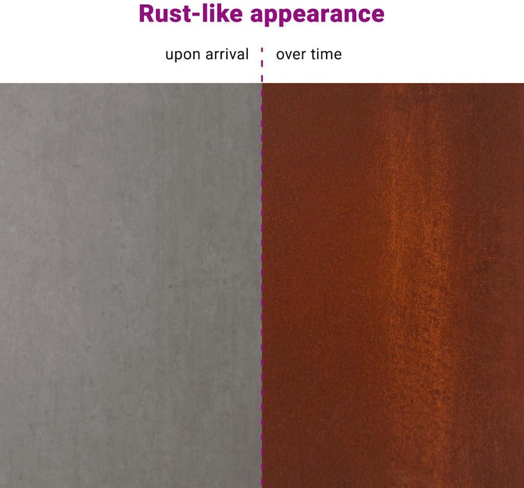 A split image showing the difference between Corten steel upon arrival (gray) and over time (rusty brown).