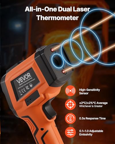 Image of VEVOR Infrared Thermometer, -22℉ to 2192℉ Dual-Mode IR Thermometer Gun with K-Type Thermocouple, Dual Laser Heat Temperature Gun Non-Contact for Cooking Griddle Engine Industrial Use (Not for Human)
