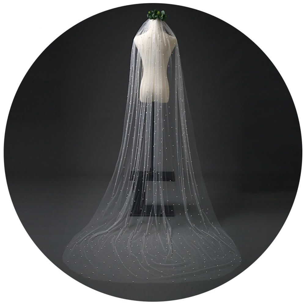 Brautschleier Perlen Weiß Hochzeitsschleier Elegent Kirche Braut Schleier 1 Stöckig Weicher Tüll Perlenschleier Haarschmuck für Hochzeit Junggesellinnenabschied mit Kamm 300cm