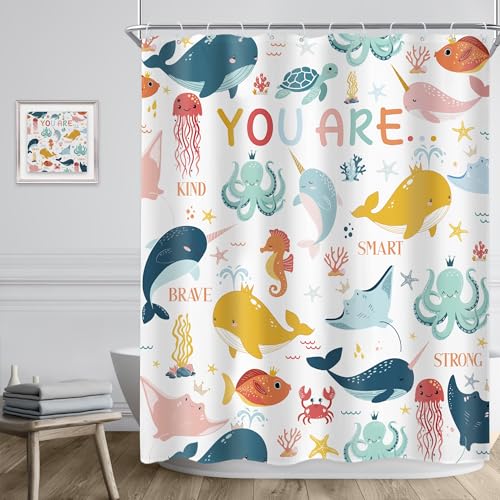 Riyidecor Ocean Kids Shower Curtain 60Wx72H Inch Funny Whale Cartoon Fish Animal Dolphin Underwater Marine Inspirational Quotes Nursery Bathroom Decor Fabric Polyester Waterproof 12 Pack Hooks - Image 3