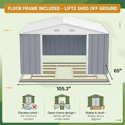 Image of Devoko 10x8 FT Outdoor Storage Shed with Floor Frame, Metal Tool Shed for Garden Backyard Patio(Gray)