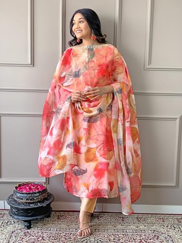Image of Naixa Women's Taby Organza Embroidery Printed Straight Kurta with Pant and Dupatta Sets (R-Aarya)