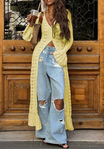Image of Unybwonn Long Cardigans for Women Crochet Hollow Out Knit Sweater Cover up Maxi Dress Long Sleeve Button Down Cardigan