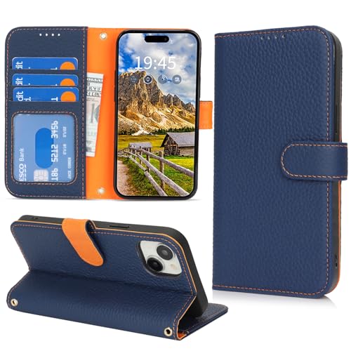 DEYHU 対応 いphone13mini ケース 手帳型 カード収納 スタンド機能 iphone 13 mini ケース 本革 大容量 財布型 耐衝撃 iphone13mini ケース 手帳型 アイフォン13 mini レザー カバー ブルー と オレンジ