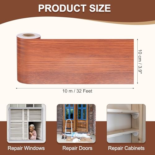 Image of MECCANIXITY Wood Grain Repair Tape, 4 Inch x 33 Feet Self Adhesive Wood Grain Tape Multi-Purpose Wallpaper Border Trim for Furniture Floors Windows Doors Tables Home DIY Projects, Red Oak