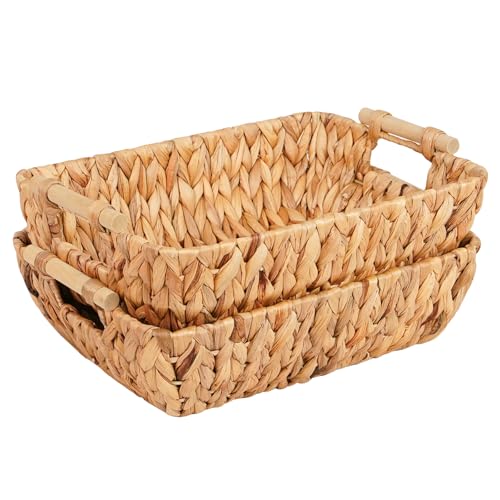 Wicker Storage Baskets with Wooden Handles, Hand-Woven Water Hyacinth Storage