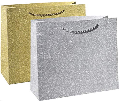 Haute Soiree - 4 Pack - Large Sized Luxurious High Quality Gift Bag Set with Rope Handles - Includes 2 Gold and 2 Silver Shimmering Sparkle Designs - Perfect for Wedding Favors, Birthday Parties