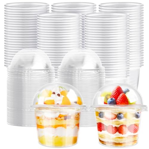 Jnnzzggu 100Pcs Disposable Plastic Cups,8Oz Parfait Cups with Dome Hole Lids,Disposable Snack Bowls for Cake,Fruit,Parfait,Pudding,Jello Shot,Coffee,Ice Cream