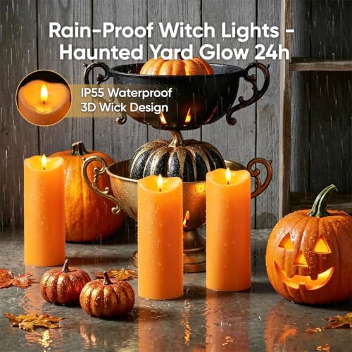 Image of Raycare 8 inchx3 inch Outdoor Waterproof Flameless Candles with Remote and Timer, Battery Operated LED Electric Fake Pillar Candle for Halloween Home Wedding Decor, Orange, Set of 2
