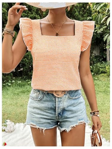 MakeMeChic Women's Gingham Print Blouse Top Square Neck Ruffle Short Sleeve Boho Casual Shirts4