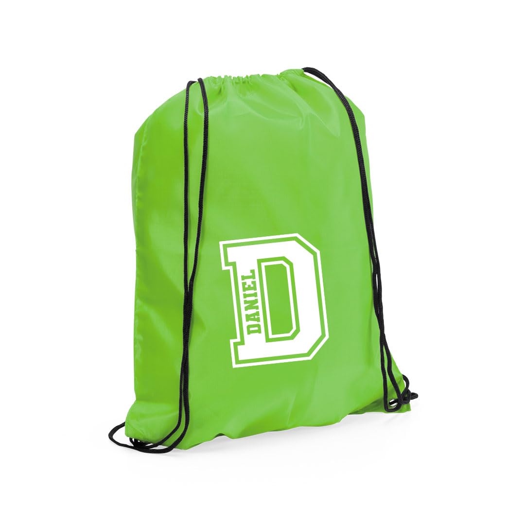eBuyGB Personalised Monogrammed Drawstring Bag, Initial & Name Kids Backpack, Gym Rucksack, School Sport Bag, Children's PE Kit (Lime Green)