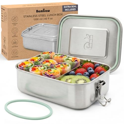 Bambaw Stainless Steel Lunch Box 40 oz, Metal Lunch Box with Adjustable Compartment, Leakproof Stainless Steel Bento, Food Grade Metal Sandwich Container
