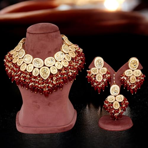 Image of Lucky Jewellery Back Meenakari 18k Gold Plated Set with Earring and Mang Tika Combo Uncut Big Faux Kundan Choker Necklace set (2415-J5SK-1815-PARENT)