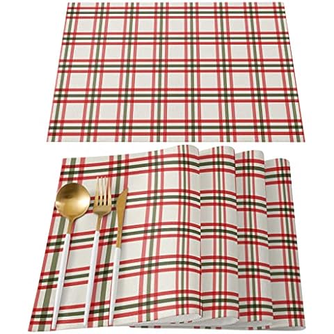 ZEREAA Merry Christmas Placemats Set of 6, Red Green Checkered Winter Plaid Heat Resistant Washable Farmhouse Place Mats for Dining Table Kitchen Decor Cover