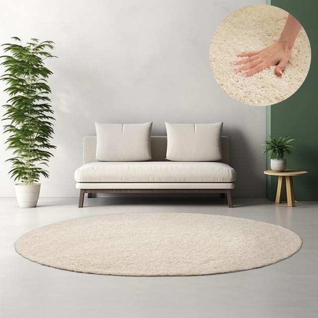HomebyHome Shaggy Teppich Wohnzimmer Runder Flauschiger Teppich Creme 120 cm Rund Einfarbig -...