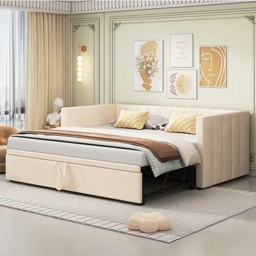 OKYION Sofá cama extensible 90 x 200 cm/180 x 200 cm con somier, cama tapizada, cama de día infantil, cama juvenil, tela de terciopelo, beis, sin colchón