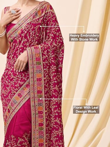 Image of TRENDMALLS Women's Vichitra Silk Heavy Embroidery With Siroski Stone Work Saree with Unstitch Blouse Piece For Women