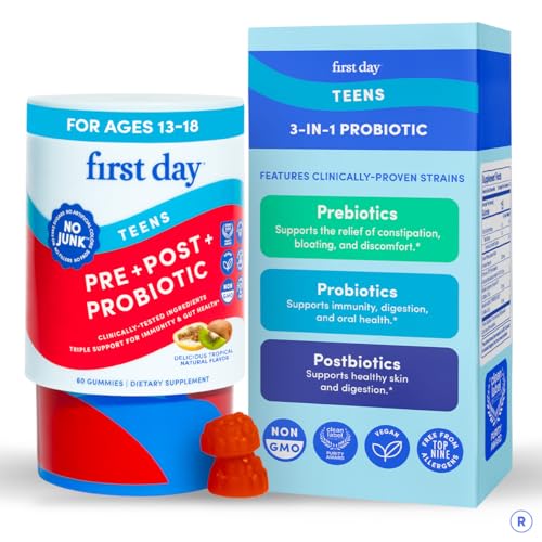 FIRST DAY Vitamins for Teens 3-in-1 Probiotic Gummies - Prebiotic + Probiotic + Postbiotic for Teens Girls & Boys 12-17 Skin Health Digestive & Oral Health Immunity Energy 30-Day Supply