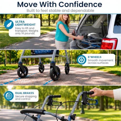 Image of Vive Ultra Lightweight Rollator Walker with Seat - Foldable & Narrow