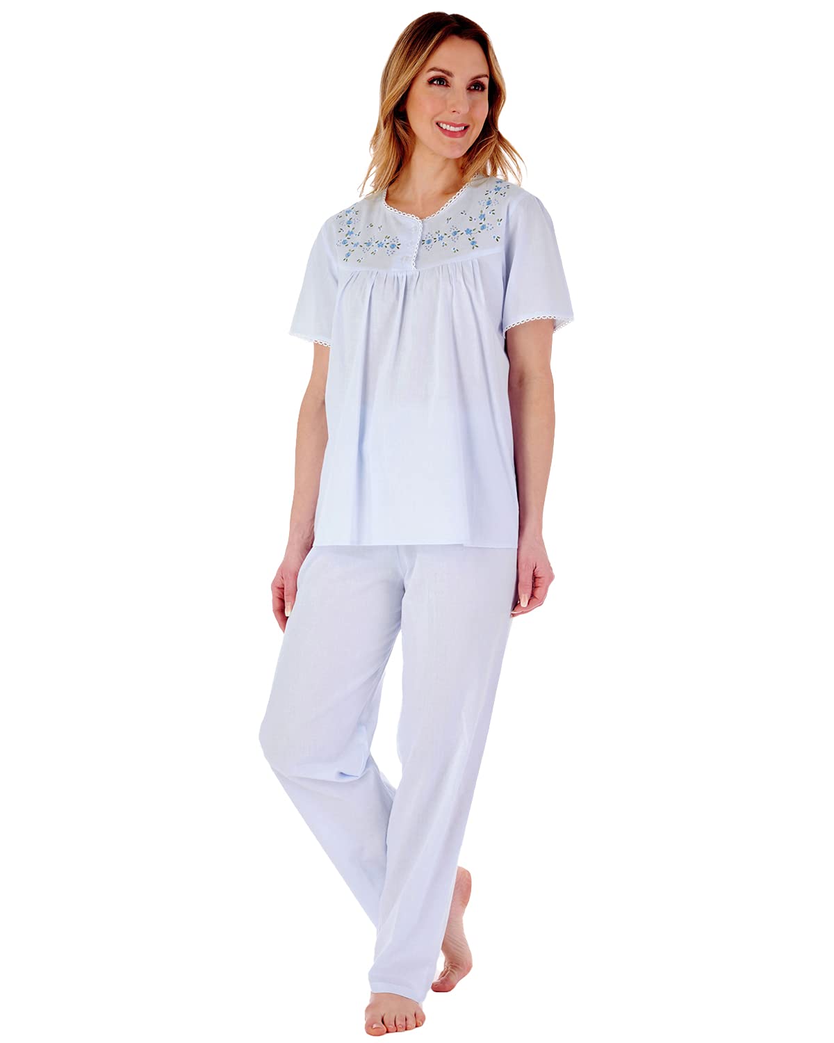 Slenderella PJ3271 Women's Blue Cotton Embroidered Pyjama Set Small