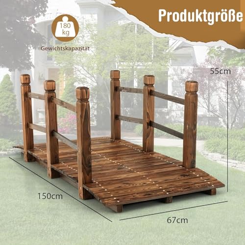 FANTASK Holzbrücke Gartenbrücke, Teichbrücke mit Geländern, Zierbrücke bis 180 kg belastbar, Brücke aus massivem Tannenholz, Braun