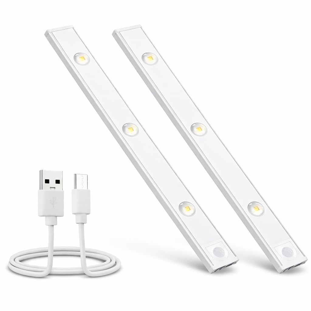 One94Store Pack of 2 Motion Sensor 40cm Under Cabinet LED, 1200mAh Battery, Dimmable USB Rechargeable Closet Lamp, Wireless Stick-On for Wardrobe, Kitchen, Stairs (Warm White)
