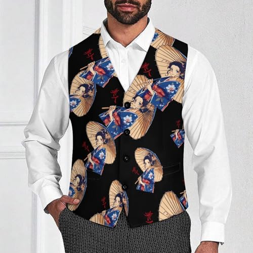 Japanese Cute Geisha Girl Men's Suit Vest Waistcoat Vests Formal Dress with 2 Pockets for Business Casual Tuxedo2