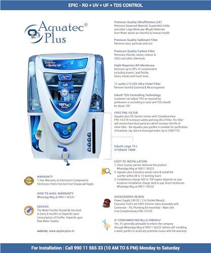 Image of Aquatec Plus - Epic 15L RO+UV+UF+TDS Water Purifier for Home (White) Work Up to 2500 TDS