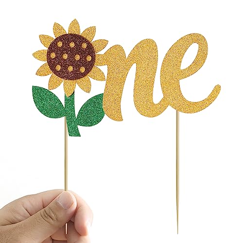 Hidori Sunflower One Cake Topper, Glitter Sunflower Themed 1St Birthday Party Decorations, First Birthday Party Supplies, Wild Flower Food Picks For Baby Shower (Gold, Fb-A1X) #TOP4