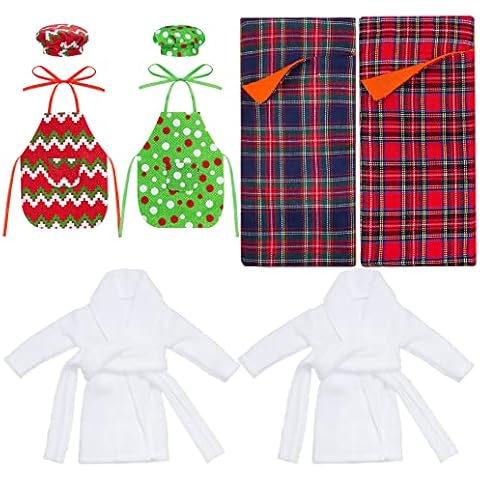Sleeping Bag Christmas Accessory for Elf Doll, Including Christmas Doll Sleeping Bag, Bathrobe, Apron and Chef Cap, Christmas Elf Doll Sleeping Bag Set for Elf Doll Clothes Kit (Plaid Style) Cover