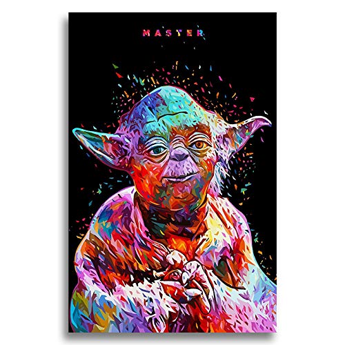 Faicai Art Star Wars Paintings Master Yoda Canvas Prints Wall Art Poster Colorful Abstract HD Printed Black Art Movie Posters Modern Printings Pictures for Home Office Decor Wooden Framed 16x24inch