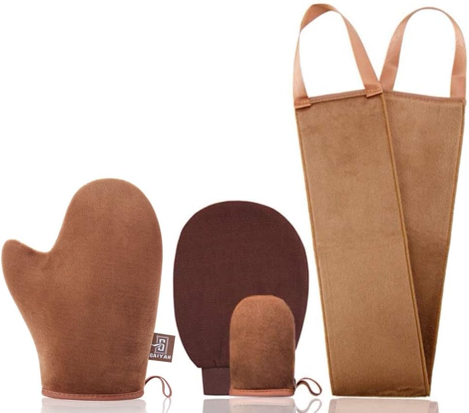 GAIYAH Self Tanning Mitt Applicator Kit, Self Tanner Mitt Set Includes Self Tanner Back Applicator, Exfoliator Glove and Finger Face Tanning Glove