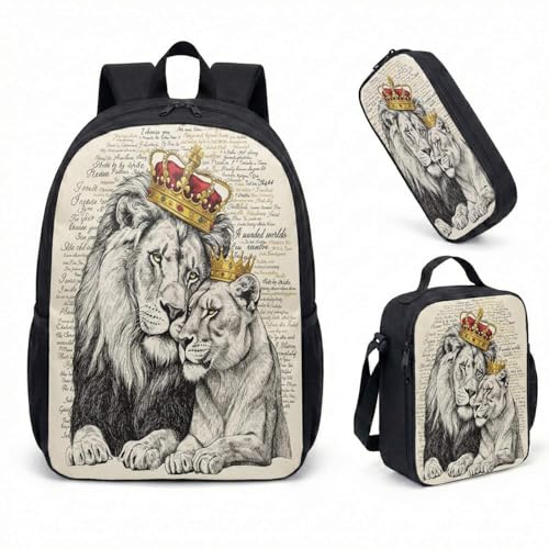 Conjunto de mochila realista com coroa de leão, 43 cm, estampa monocromática, realista, com retrato de animal, bolsa de viagem para adultos, 06, Large, Mochila estampada