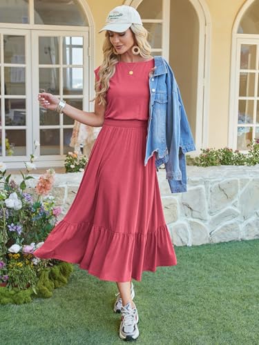 Image of Kikibell Womens Summer Dresses Cap Sleeve Elastic Waist Midi Dress with Pocket Long Causal Sundress Beach Vacation Outfits