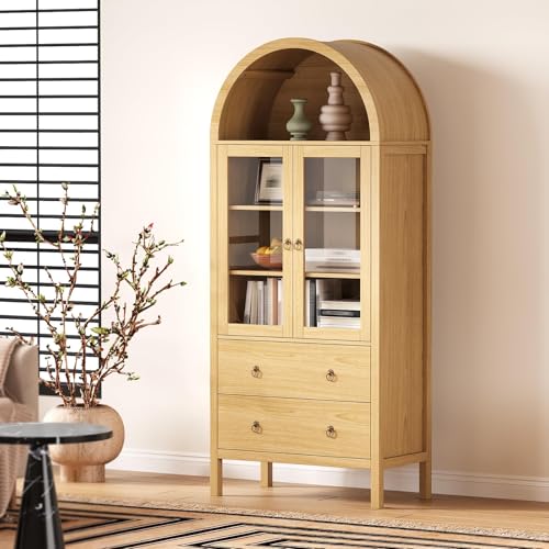 Image of MegaChoice 71" Tall Arched Kitchen Pantry with Glass Doors, Modern Wood Kitchens Storage Cabinets with Adjustable Shelves, Versatile Cupboard for Kitchen, Dining Room, Bathroom