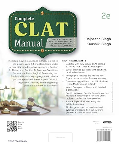 Image of Pearson'26 Complete CLAT Manual (AILET, SLAT, LNAT-UK, DU, BHU, AMU, Jamia, MHCET, PU, LET (ALS Mohali), IIULER Goa, BITS, Law School, IIM ... AILET solved papers| 3300+ practice questions