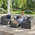 Wisteria Lane 7 Pieces Outdoor Patio Furniture Set, Wicker Outdoor Patio Sectional Sofas with Coffee Table, All-Weather Patio Conversation Set for Garden Backyard, Grey
