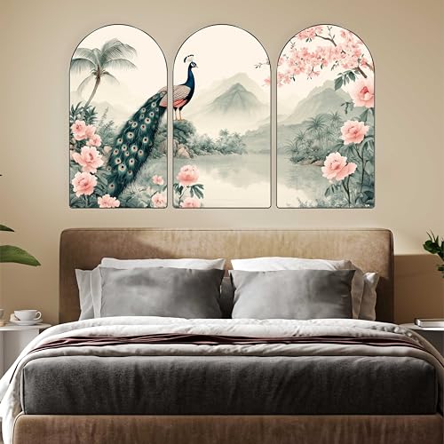 Image of Livin'luxe Peacock Wall Art | Set of 3 MDF Panel Paintings | Scenic Mountain & Floral Theme Decorative Wall Hanging for Living Room, Bedroom, Office & Home Interiors