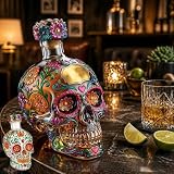 Botella tequila del Día los Muertos, decantador calavera de 350 ml, botella calavera del Día los Muertos tequila vintage para el hogar, decoración de bar, fiesta de Halloween (1 UNIDADES)