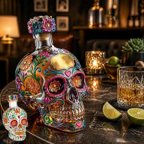 Botella tequila del Día los Muertos, decantador calavera de 350