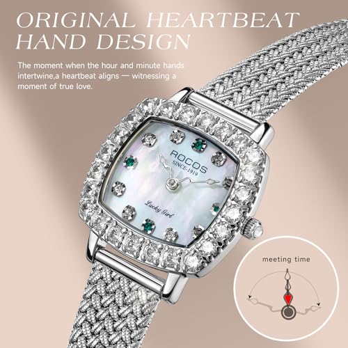 Image of ROCOSJEWE Luxury Silver Diamond Ladies Watch for Women, Square Quartz Wrist Watch with Natural Mother-of-Pearl Dial, Elegant Small Dial, Premium Branded Women's Watch, Gift for Women R0264