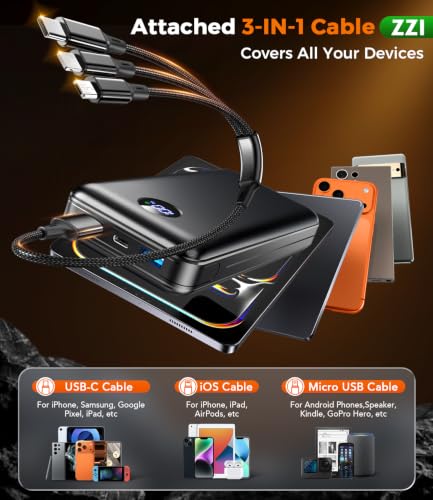 Portable Charger Power Bank, 60000mAh Battery Pack with 3 in 1 USB-C/iOS/Micro-USB Cable, 22.5W Fast Charging Portable Phone Charger, Travel Camping Essential Powerbank for iPhone 17/16 Samsung,Ebony - Image 4