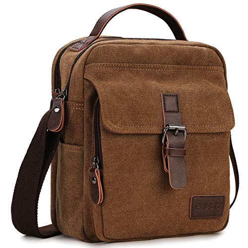 RAVUO Small Messenger Bag, Unisex Casual Canvas Satchel Vegan Leather Shoulder Bag Crossbody Wallet Phone Bag for Men and Women Coffee