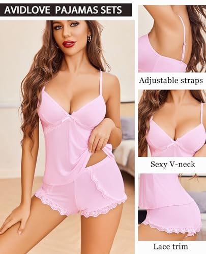 Image of Avidlove Women's Pajama Sets V Neck Lace Trim Sleep Wear Sexy 2 Piece Pjs | Sexy Modal, Soft & Cozy, V-Neck, Sleeveless, 2 Pieces Pjs, Sexy Sleepwear