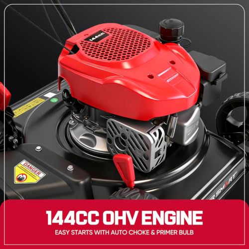 Image of PowerSmart 18-inch 144cc Gas Lawn Mower, Push Mower with Side-Discharge | 144cc 4-stroke OHV engine, 5-Position Height Adjustment