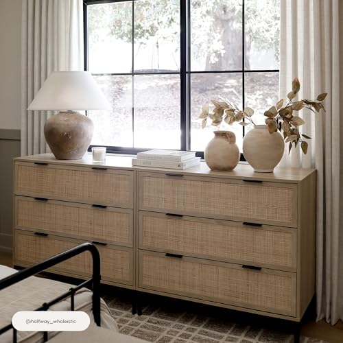 Image of Nathan James Andrew 3-Drawer Rattan Dresser or Boheminan Living Room Storage Cabinet with Natural Rattan Accent and Metal Legs, Light Oak /Black