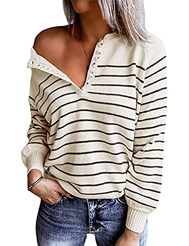 MAYFASEY Jersey de punto de manga larga para mujer, cuello en V, con botones, para otoño, informal, Color beige., L Cover
