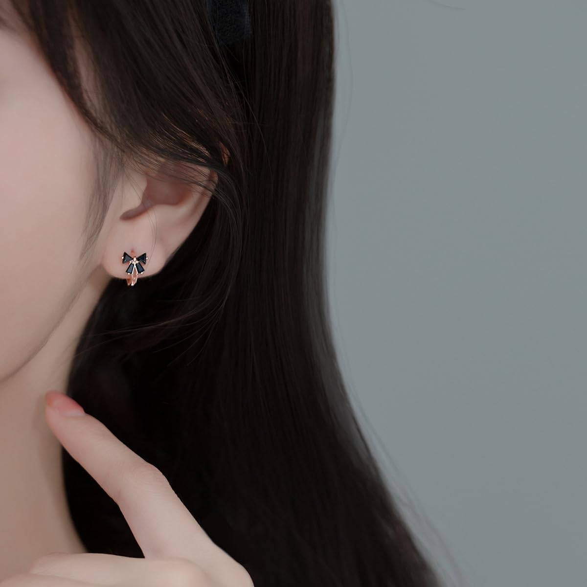 Reffeer Solid 925 Sterling Silver Bow Hoop Earrings Huggie for Women Teen Girls Black CZ Bowknot Hoop Earrings Ribbon Cartilage Huggie